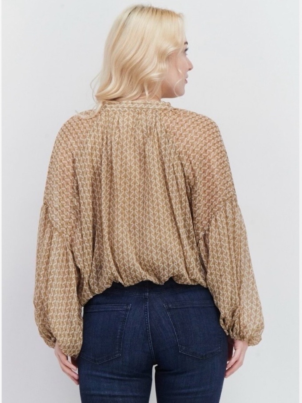 Women's Printed Tan Button-Front Blouse with Puff Sleeves - Picture 2 of 3